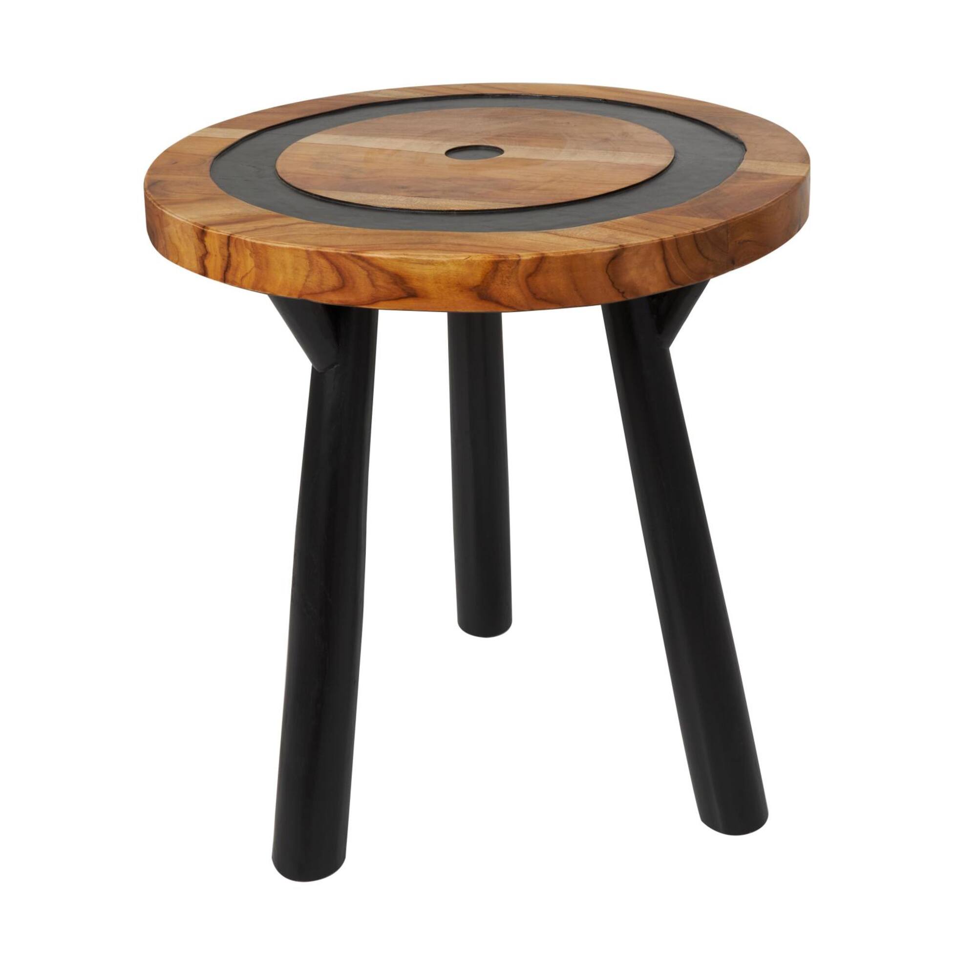 22" Brown Teak Wood Round Accent Table with Geometric Layered Circle Design and Black Legs